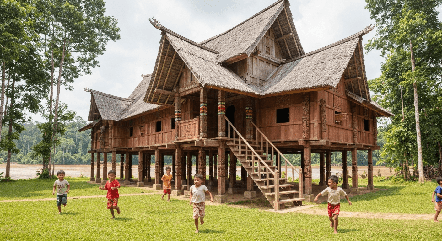 Rumah Betang Dayak tradisional Kalimantan dengan struktur panggung, atap pelana curam, ornamen ukiran Dayak, dan anak-anak bermain ceria di halaman